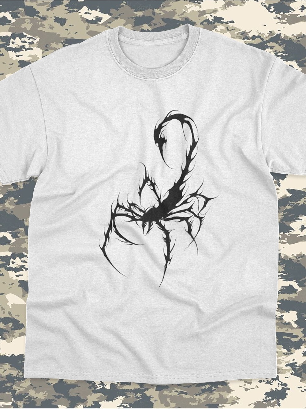 White Graphic T-Shirt with Black Tribal Scorpion #tatto